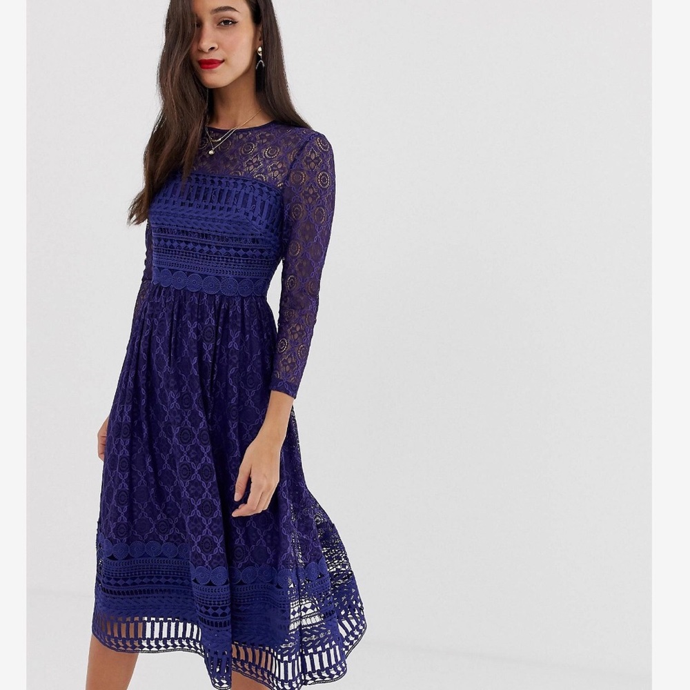 ASOS Design Navy Blue Lace Midi Skater Dress